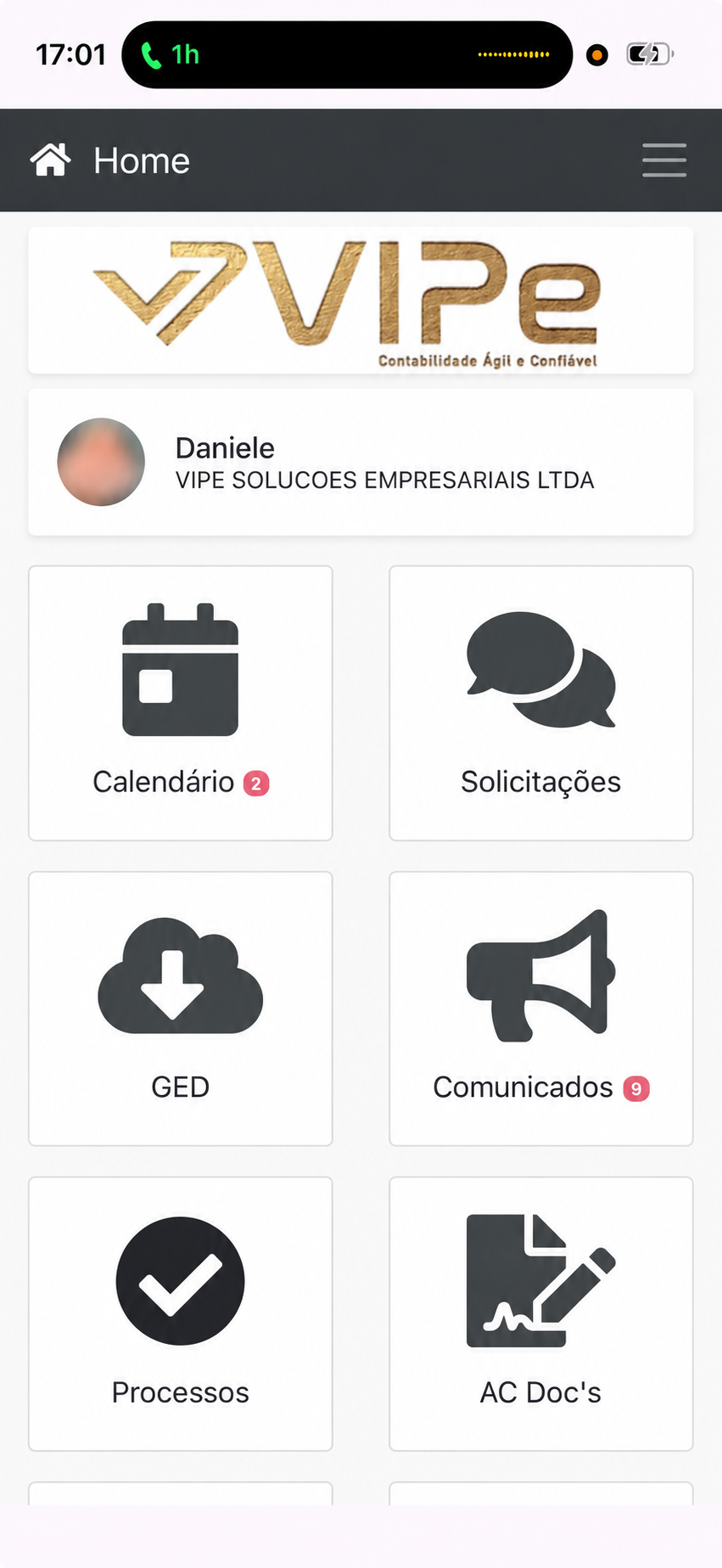 Tela inicial do app Vipe com calendário, solicitações, documentos e comunicados; foto de perfil desfocada